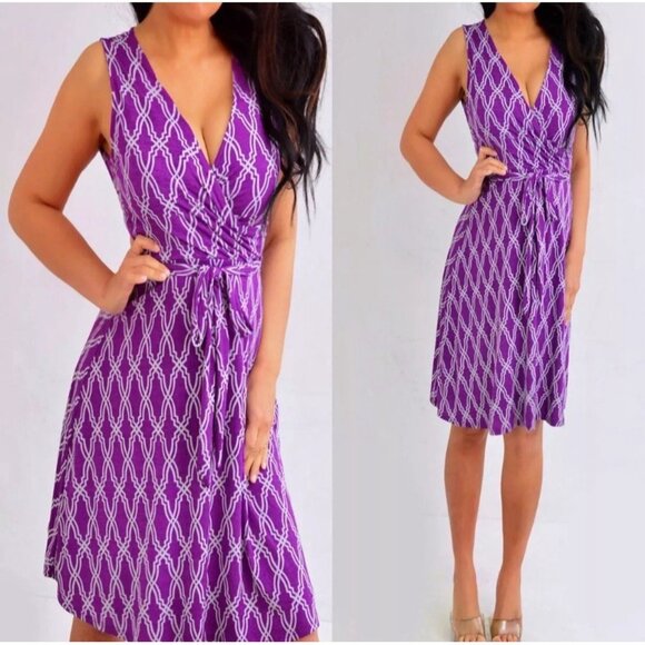 41 Hawthorn Medium Purple Gray Kassidy Wrap Fit Flare Geometric Dress 054 - Picture 1 of 15